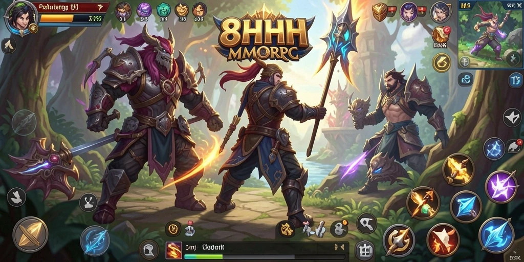 Screenshot utama 8HHH menampilkan aksi pertempuran epik dalam MMORPG.