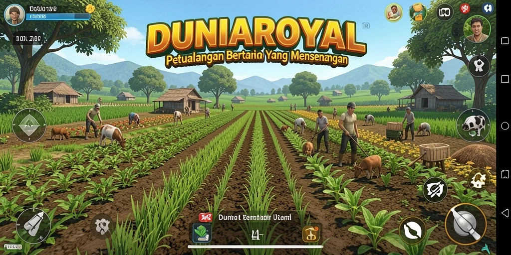 Tampilan menarik dari permainan bertani yang penuh warna di DUNIAROYAL.