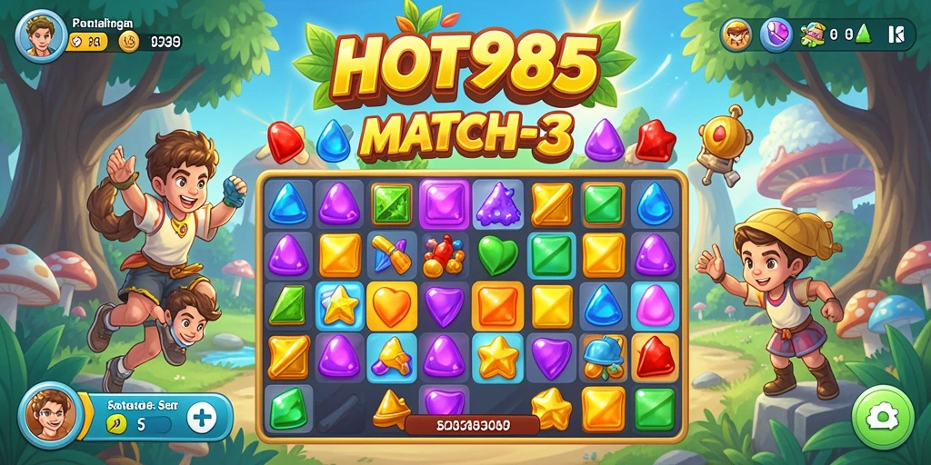 Tampilan gameplay HOT985 yang seru dan penuh warna dalam genre Match-3.