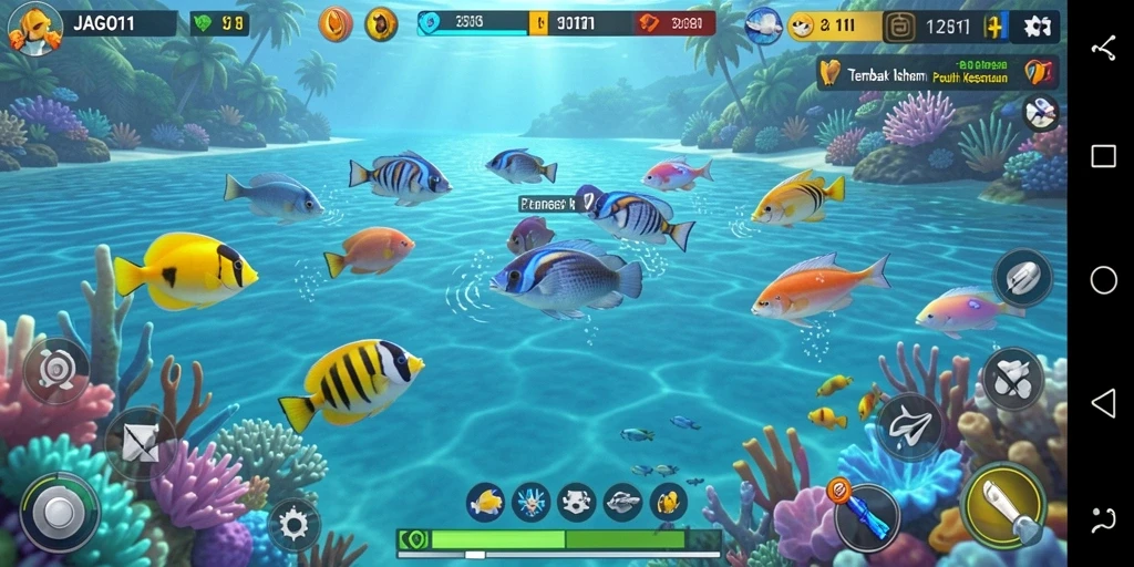 Screenshot JAGO11 menunjukkan gameplay seru Tembak Ikan dengan berbagai spesies ikan.