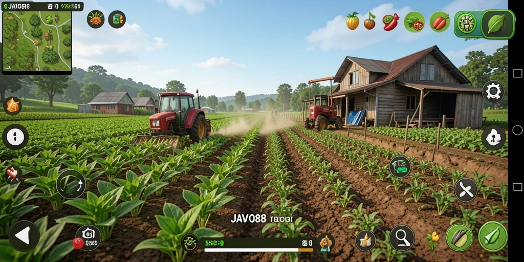Tangkapan layar gameplay JAVO88 yang menunjukkan aktivitas pertanian yang menyenangkan.