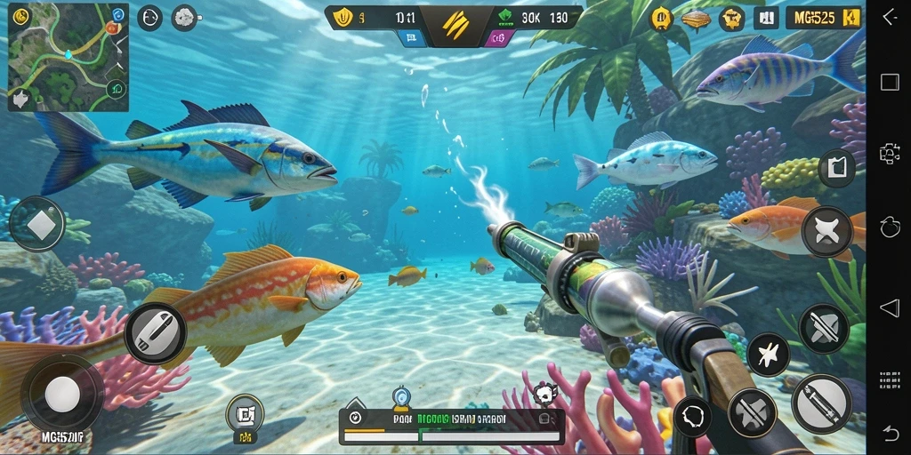 Tampilan gameplay seru dari MG525 yang menembak ikan.