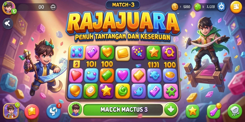 Tampilan permainan match-3 yang penuh warna dan dinamis.