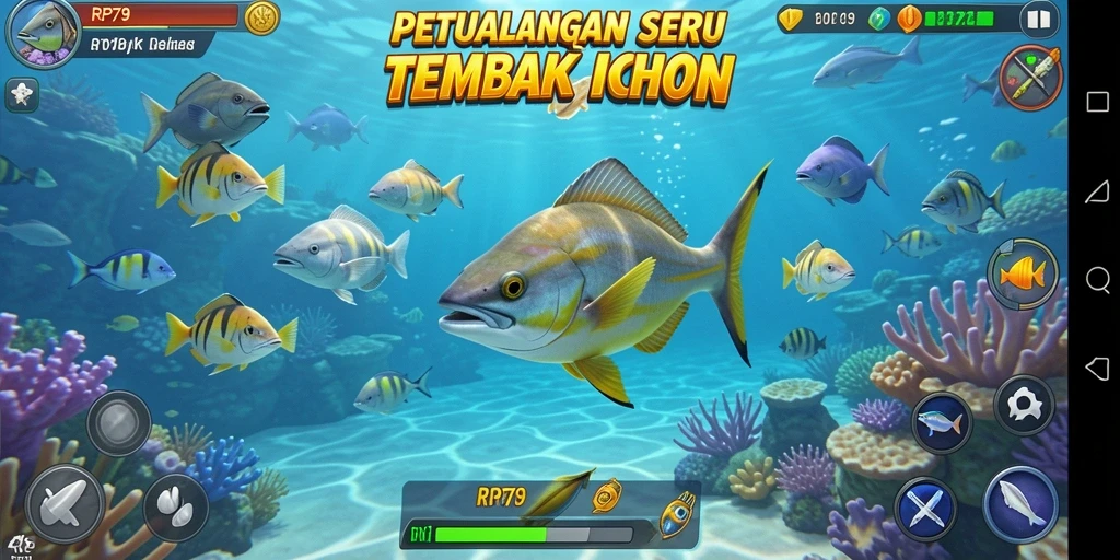 Screenshot menunjukkan aksi seru menembak ikan dalam RP79.