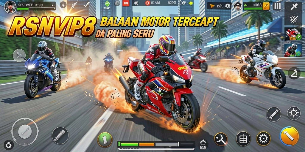 Gameplay RSNVIP8 yang mendebarkan dengan balapan motor yang cepat.