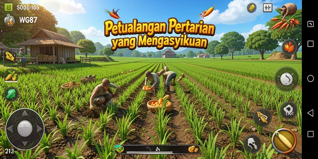 Screenshot gameplay WG87 dengan suasana ladang yang indah.